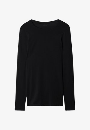Schwarz langärmliges T-Shirt aus weichem Stoff mit Rundhalsausschnitt und glatter Textur. Verfügt über ein einfaches, minimalistisches Design.