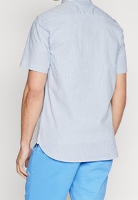 Camicia a maniche corte a righe verticali in azzurro chiaro e bianco. Presenta uno yoke posteriore, un orlo curvo e una texture in cotone liscia.