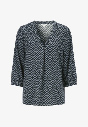 Zwarte en lichtblauwe blouse met een patroon, V-hals en driekwart mouwen, met een bladerenontwerp en geplooide mouwaccenten.