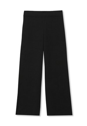 Pantalons larges noirs en tissu doux, dotés d'une taille �élastique sans couture et d'une texture lisse sans motifs ni matériel visible.