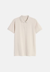 Beige polo shirt van katoen, met een klassieke kraag, korte mouwen en twee knopen op de sluiting. Gladde textuur, eenvoudig ontwerp.