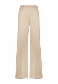 Beige, weite Beinform-Hosen aus glattem Stoff. Mit einem Knopfverschluss vorne, zwei seitlichen Taschen und einem geraden Schnitt, der ab dem Knie ausgestellt ist.
