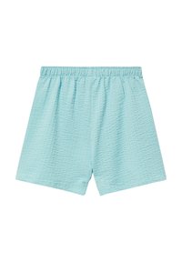 Shorts bleu clair texturés avec taille élastique et coupe ample. Présente un motif subtilement tissé à travers le tissu.