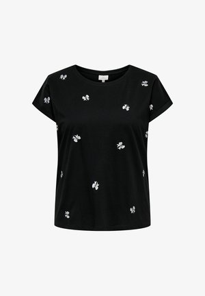 Czarny bawełniany t-shirt z krótkimi rękawami, zdobiony białym haftem w kwiaty rozmieszczonym w różnych miejscach. Okrągły dekolt i luźny fason.