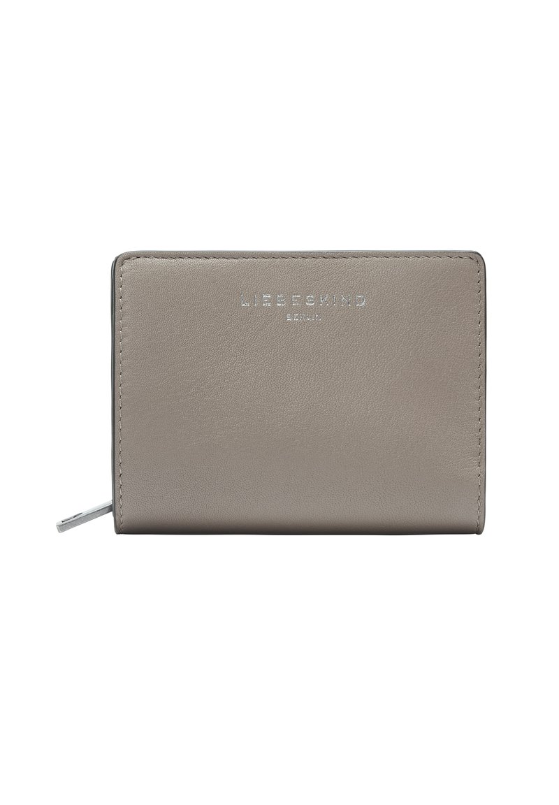 Grey leather wallet with a smooth texture, featuring a zip closure and silver embossed logo on the front. Compact and rectangular shape.