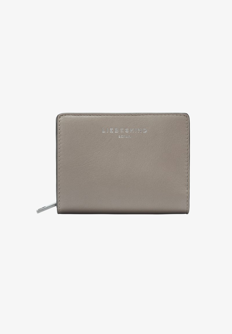 Grey leather wallet with a smooth texture, featuring a zip closure and silver embossed logo on the front. Compact and rectangular shape.