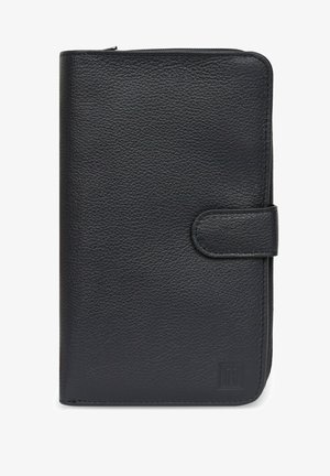 Black leather wallet organizer with textured surface, zip closure, and a front flap snap. Features a subtle embossed logo on the bottom corner.