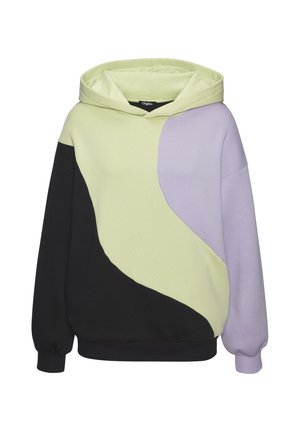 Hooded sweatshirt with black, pale yellow, and light purple curved color blocks and ribbed cuffs and hem.