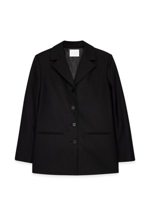 Črn krojeni blazer z izrezanimi reverji, štirimi gumbi spredaj in dvema horizontalnima žepoma z obeh strani.