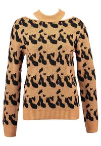 Leopardprint trui met een tan achtergrond, zwarte vlekken, lange mouwen en een geribbelde kraag en zoom. Brei-textuur door het gehele kledingstuk.