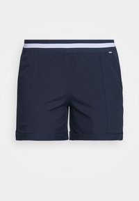 Marinblå shorts av lättviktstyg; har uppvikta ben, randig midjeresår och framfickor. Enkel design utan mönster.