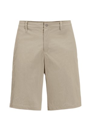Beige shorts van een lichtgewicht stof, met een knoopsluiting, riemlussen en een relaxte pasvorm. Gladde textuur zonder patronen.