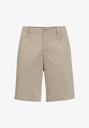 Beige shorts van een lichtgewicht stof, met een knoopsluiting, riemlussen en een relaxte pasvorm. Gladde textuur zonder patronen.
