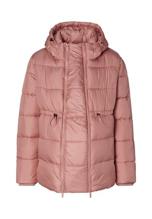 Pink puffer jacket with a hood, featuring horizontal quilted sections, drawstring adjustments, and smooth, shiny synthetic material.