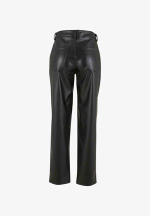 Schwarze Lederhosen mit geradem Bein-Design. Verfügt über zwei Gesäßtaschen und eine glatte Textur. Bund mit Gürtelschlaufen für eine verstellbare Passform.