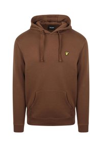 Bruine capuchontrui met een kangoeroezak aan de voorkant, een capuchon met trekkoord en een klein geel vogel-logo op de linker borst.