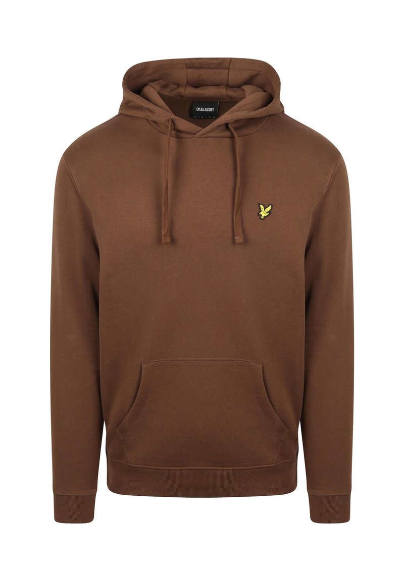 Bruine capuchontrui met een kangoeroezak aan de voorkant, een capuchon met trekkoord en een klein geel vogel-logo op de linker borst.