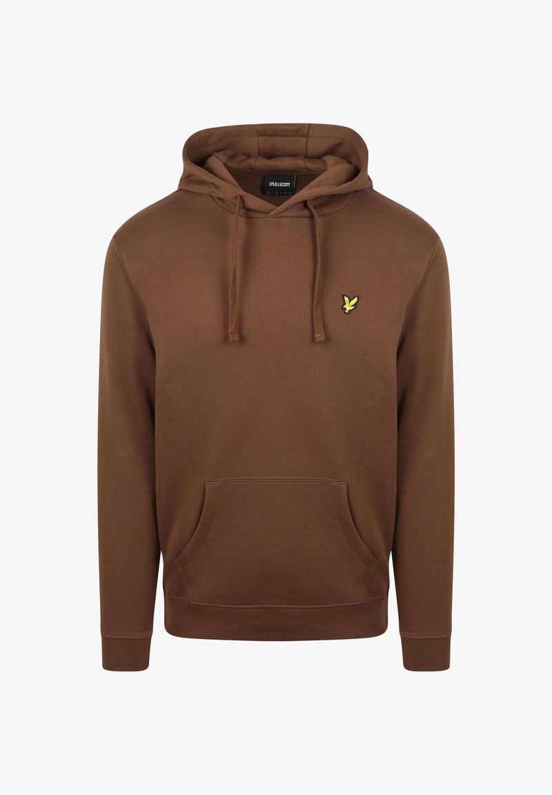 Bruine capuchontrui met een kangoeroezak aan de voorkant, een capuchon met trekkoord en een klein geel vogel-logo op de linker borst.