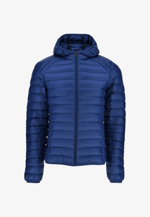 Chaqueta acolchada azul con capucha y cremallera frontal, mangas largas y detalles de costuras horizontales sobre fondo blanco.