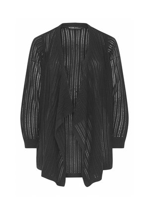 Cardigan noir en tricot à ouverture frontale, manches longues, avec un motif rayé vertical et respirant.