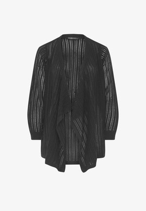 Czarny sweter na drutach z otwartym przodem, długimi rękawami i przewiewnym, pionowym, paskowanym wzorem.