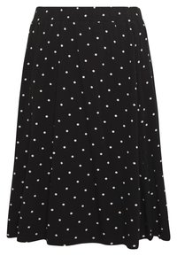 Jupe noire en ligne A avec des pois blancs et une ceinture ajustée, tombant juste au-dessus du genou.