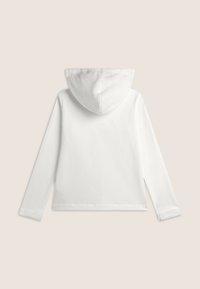 Felpa bianca con cappuccio, caratterizzata da maniche lunghe, una cappuccio di texture morbida e un design cropped. Tessuto semplice con dettagli di cucitura sottili.