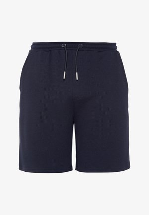 Marineblaue, strukturierte Stoffshorts mit elastischem Bund und schwarzem Kordelzug mit Metallenden.