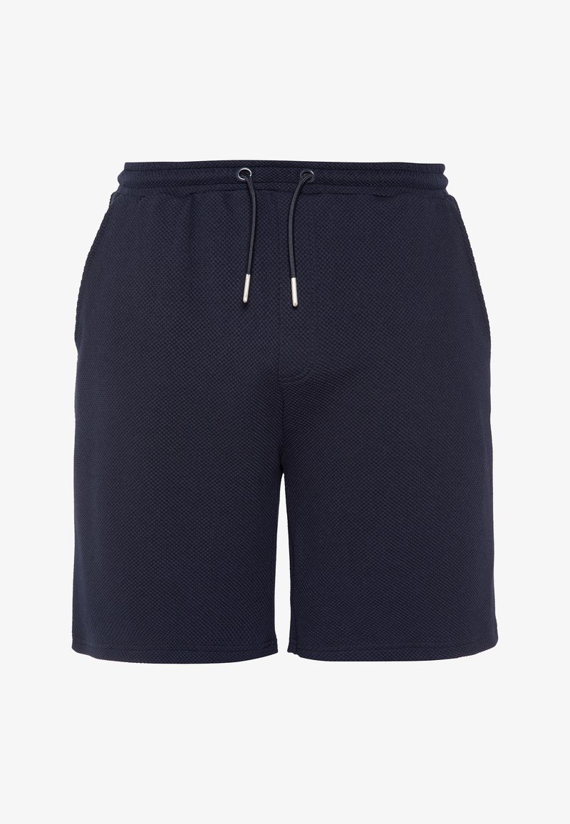 Short en tissu texturé bleu marine avec une taille élastique et un cordon noir avec embouts métalliques.