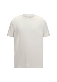 Hellgraues T-Shirt mit kurzen Ärmeln, vertikalen Streifen, runder Ausschnitt und weichem Baumwollmaterial. Einfaches Design, ohne sichtbare Logos oder Grafiken.