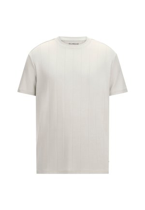 Hellgraues T-Shirt mit kurzen Ärmeln, vertikalen Streifen, runder Ausschnitt und weichem Baumwollmaterial. Einfaches Design, ohne sichtbare Logos oder Grafiken.