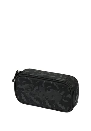 Black pencil case with a textured bat pattern, zip closure, rectangular shape, and durable fabric. Designed for stationery storage.