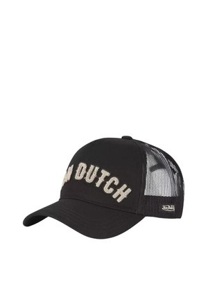 Casquette noire avec des côtés en maille, visière incurvée et "VON DUTCH" brodé en beige. Dispose d'une sangle ajustable à l'arrière.
