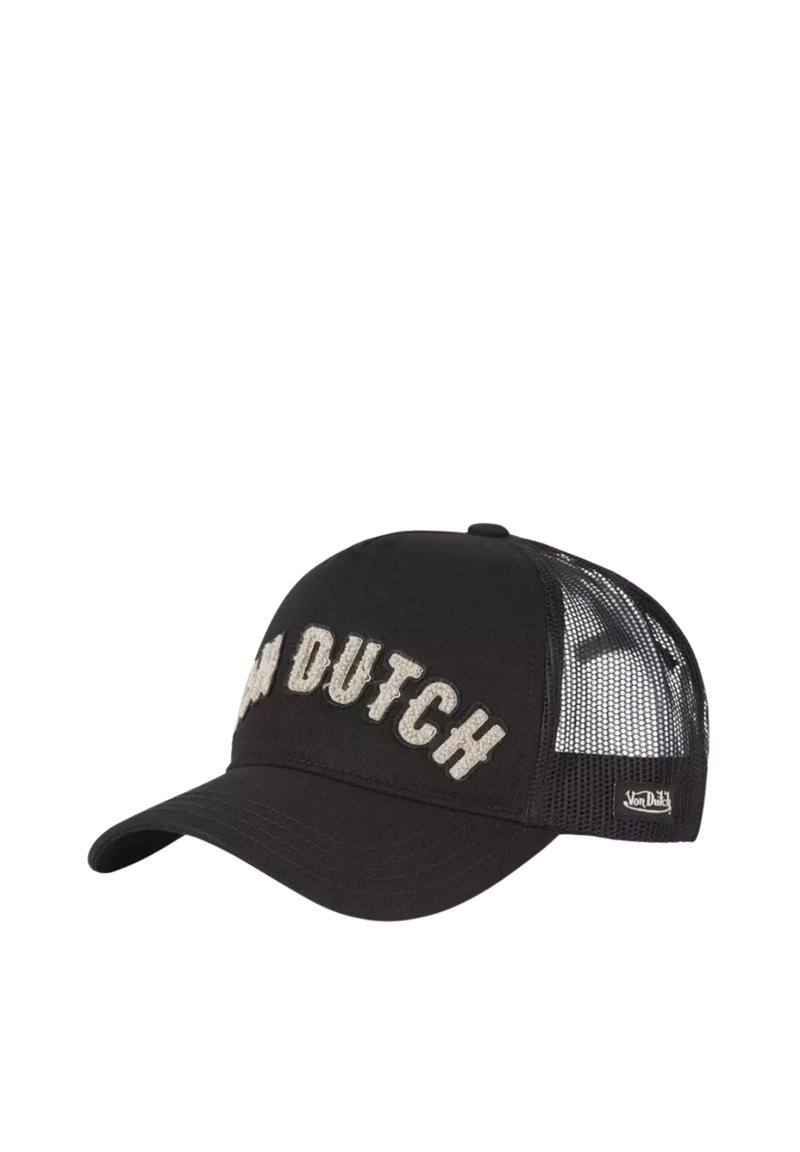 Casquette noire avec des côtés en maille, visière incurvée et "VON DUTCH" brodé en beige. Dispose d'une sangle ajustable à l'arrière.
