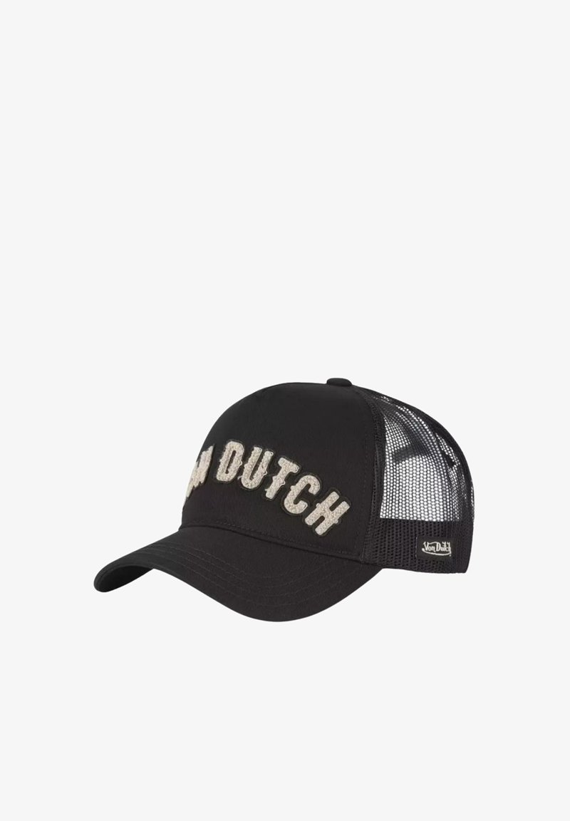 Casquette noire avec des côtés en maille, visière incurvée et "VON DUTCH" brodé en beige. Dispose d'une sangle ajustable à l'arrière.
