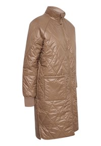 Manteau long matelassé marron avec col montant, fermeture éclair, deux poches avant et bords-côtes. Matériau lisse et brillant avec un motif en diamant.
