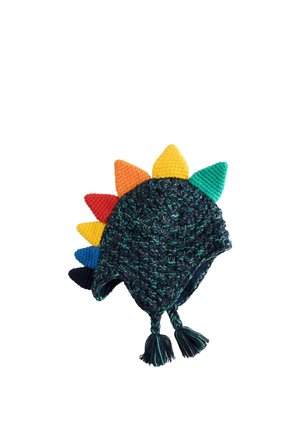 Dark knitted hat with colorful knitted spikes in red, orange, yellow, green, blue, and black, featuring earflaps and braided tassels.
