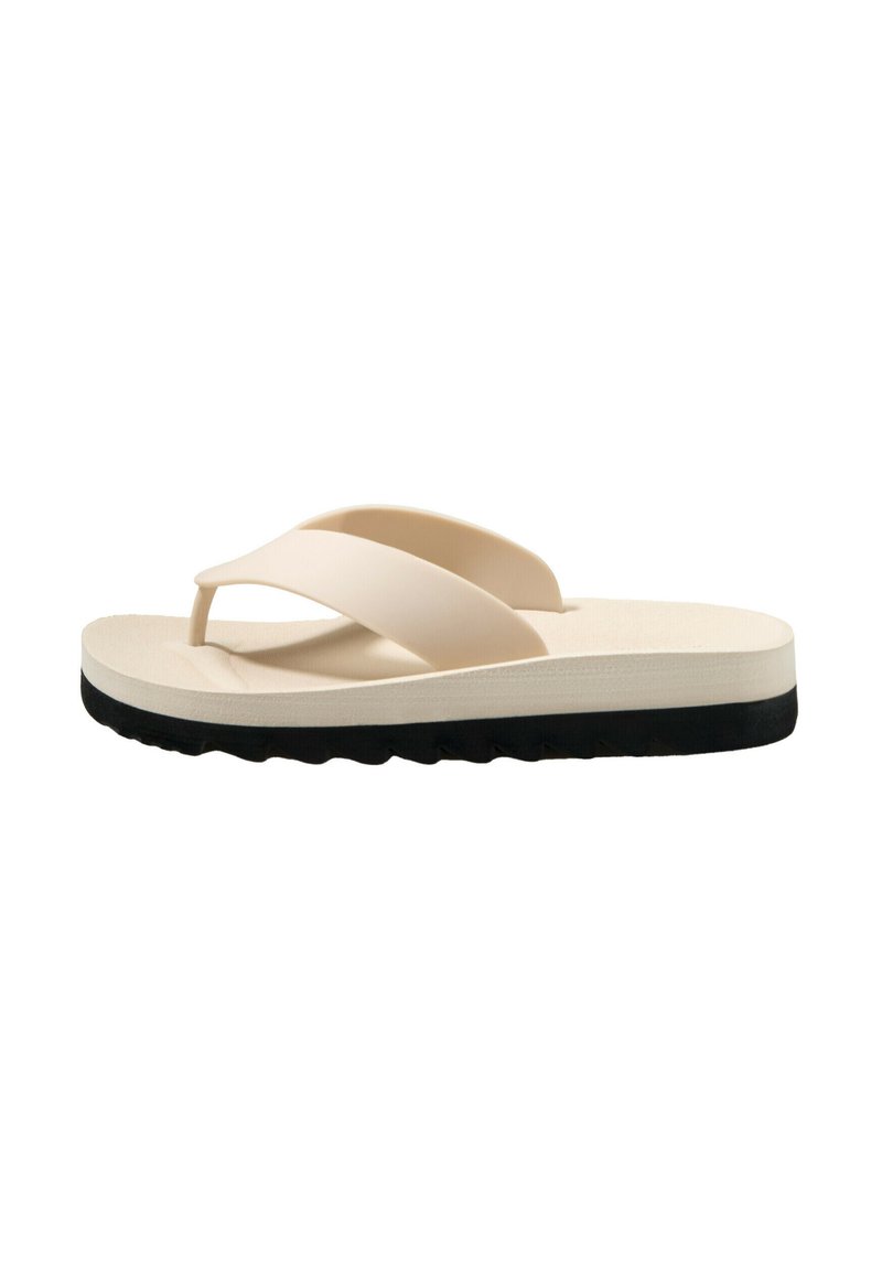 Krämfärgad flip-flop med två breda remmar och en tunn tårem. Har en texturerad vit sula och en svart gummisula för bra grepp.