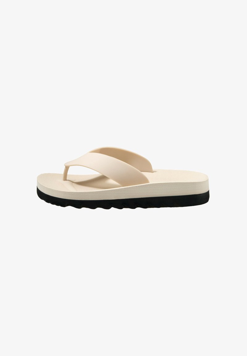 Krämfärgad flip-flop med två breda remmar och en tunn tårem. Har en texturerad vit sula och en svart gummisula för bra grepp.