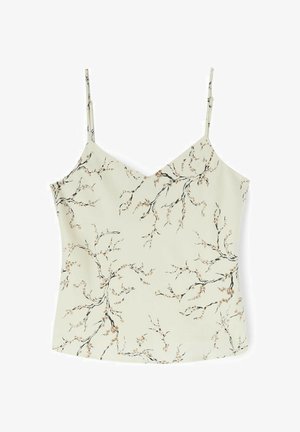 Top camisola color crema claro con tirantes finos y delicado patrón floral de ramas en marrón y negro.