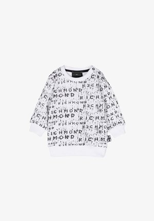 Felpa bianca con stampa di testo nera "RICHMOND" in diverse dimensioni. Collo rotondo, polsini a costine e texture del tessuto morbida.