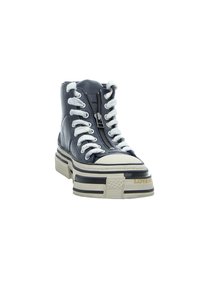 High-Top-Sneaker aus marineblauem Leder, strukturierte weiße Schnürsenkel, silberner Reißverschluss, cremefarbene Gummisohle mit schwarzen und goldenen Akzenten. Plateau-Design.