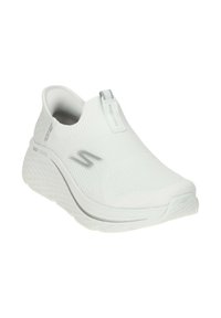 White slip-on sneaker with a textured knit upper, light grey accents, and a thick cushioned sole for comfort. Features a pull tab for easy wear.