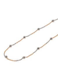 Zilveren en roségouden ketting met gedraaide schakels en ronde zilveren kralen die langs de ketting zijn geplaatst. Minimalistisch ontwerp en een gladde textuur.