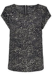 Blusa negra de manga corta con un patrón beige ondulado, que presenta un escote redondeado y un detalle de cremallera en la parte posterior. Tejido suave y ligero.