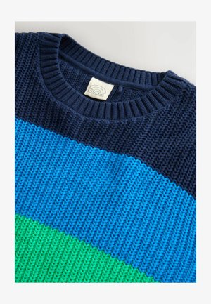 Megztinis su tamsiai mėlynomis, mėlynomis ir žalios horizontalios juostomis. Apvalus iškirpimas, raštuoti rankogaliai ir etiketė su vaivorykštės dizainu.