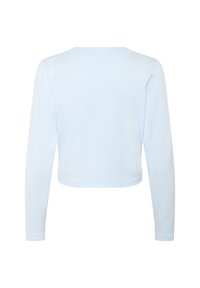 Haut court à manches longues bleu clair en tissu doux, avec un col rond simple et une texture lisse. Sans motifs ni ornements.