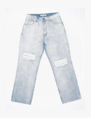 Light blue denim jeans with a loose fit, featuring two distressed patches on the front, a button closure, and five-pocket design.