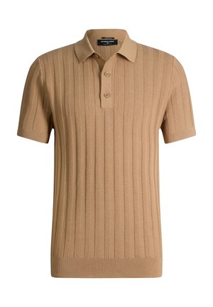 Polo en maille beige à manches courtes avec côtes verticales et deux boutons sur la patte de boutonnage.