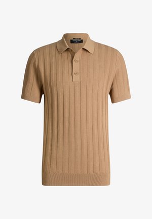 Beige kurzärmeliges Strick-Poloshirt mit vertikaler Rippstruktur und zwei Knöpfen an der Knopfleiste.